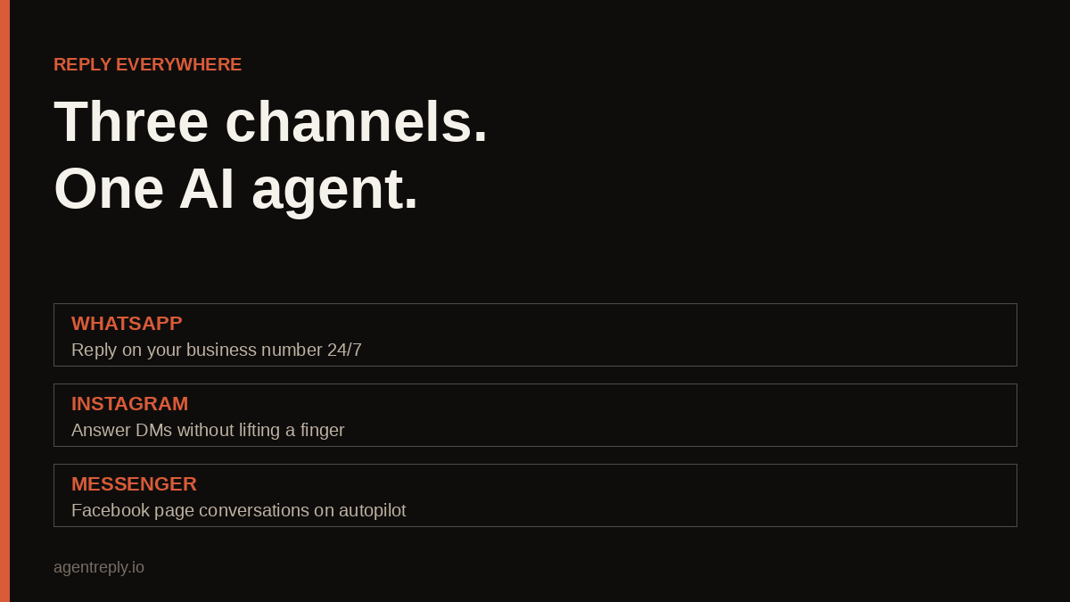 AgentReply supports three channels: WhatsApp Business, Instagram Direct Messages and Facebook Messenger — managed from one unified dashboard